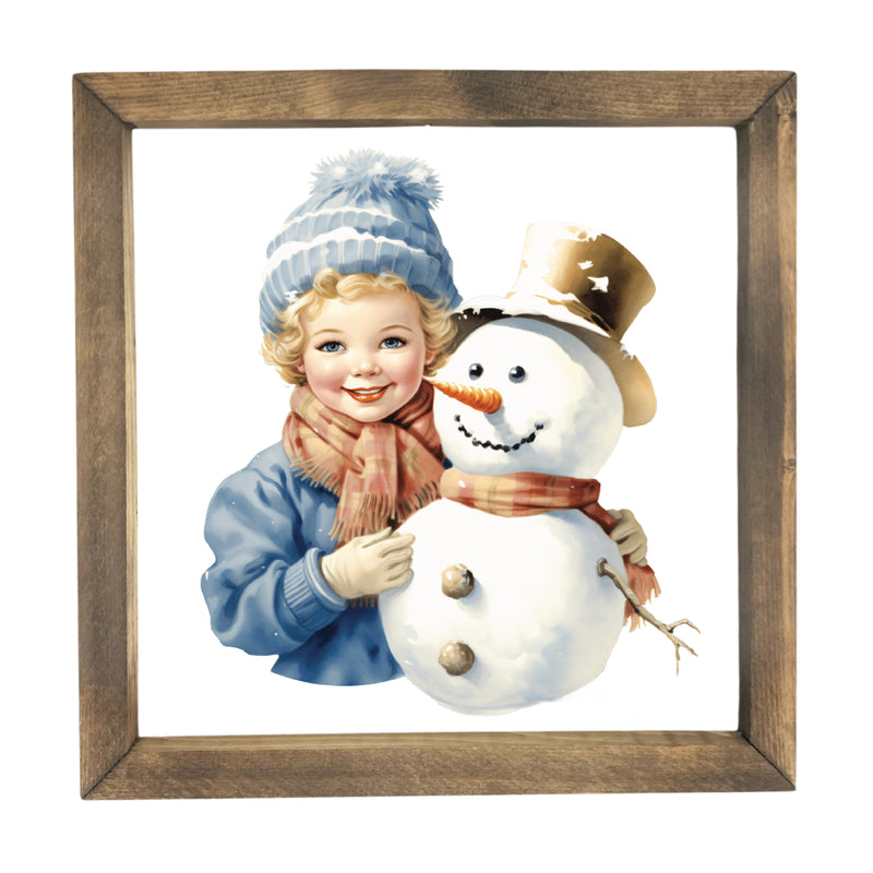 Little Girl with Snowman <br>Framed Print