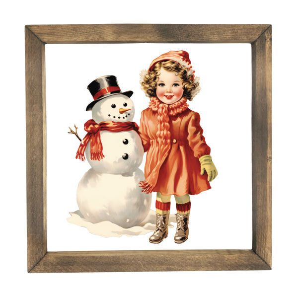 Vintage Girl with Snowman <br>Framed Print