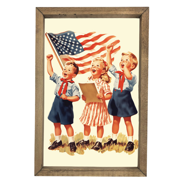 Kids Cheering with Flag <br>Framed Art